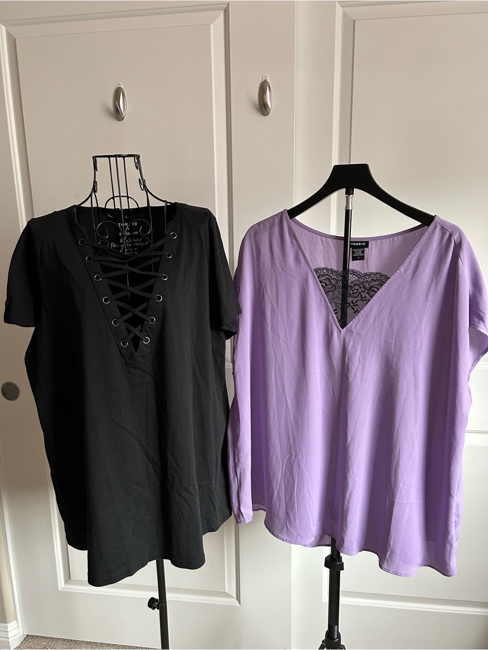 torrid Lavender V-Neck Blouse with Black Lace Inset